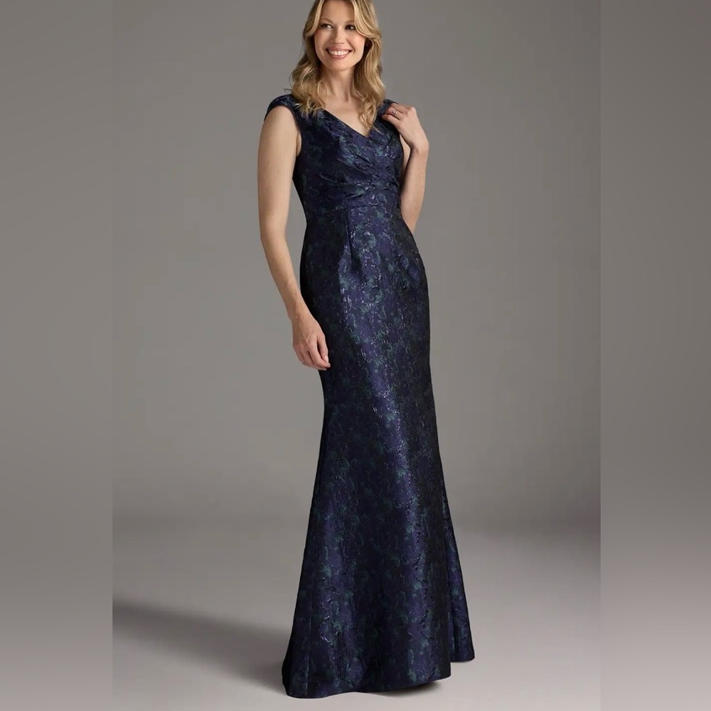 Azazie A14 Elanor Navy Blue Mermaid Pleated Jacquard Dress MOB Wedding 10